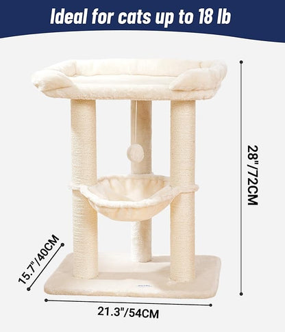 Happi N Pets 28" Large Cat Tree Tower for Indoor Cats, Cat Scratch Post with Large Bed for Maine Coon Big Cats, Sisal Cat Scratcher with Soft Perch & Hammock, Stable Cat Stand, Removable Cover-Beige