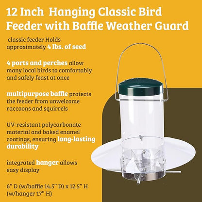 Birds Choice Classic Hanging Bird Feeder with Weatherguard Baffle | Squirrel Proof Bird Feeder for Cardinals, Chickadees, Woodpeckers | Sturdy Steel Construction | Backyard Birdseed Dispenser | Green