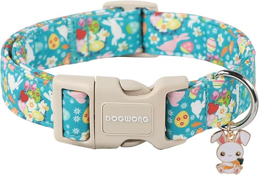 DOGWONG Easter Dog Collar - Cute Flower Bunny Eggs Pink Adjustable Collar for Medium Dogs