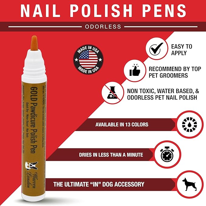 Warren London Pawdicure Dog Nail Polish Pens | Made in USA | Quick Dry, Low Odor, Non-Toxic Dog Accessories | Ideal for Dog Birthday, Dog Costume | Dries in Under 1 Minute | 13 Colors | Gold