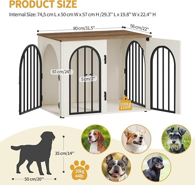 31.5'' Wooden Dog Crate Furniture TV Stand, Indoor Dog Kennel for Small/Medium Dogs, End Side Table Dog Crates, Anti-Chew, Anti-Escape, Arched Door Design, White Brown DFC85114B
