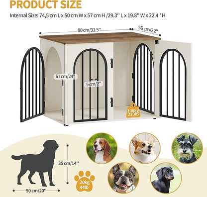 31.5'' Wooden Dog Crate Furniture TV Stand, Indoor Dog Kennel for Small/Medium Dogs, End Side Table Dog Crates, Anti-Chew, Anti-Escape, Arched Door Design, White Brown DFC85114B