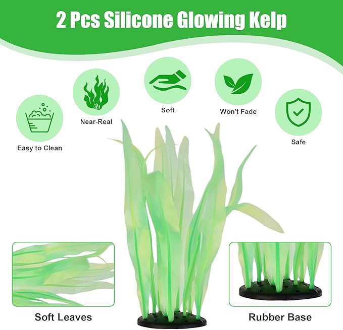 Kaiyuan Dynasty 2pc Artificial Fish Tank Plants Aquarium Decoration Plants Silicone Glowing Kelp Ornament Fish Tank Decor Aquarium Plant Aquatic Water Grass,7inch,Green