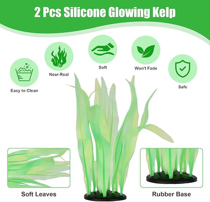 Kaiyuan Dynasty 2pc Artificial Fish Tank Plants Aquarium Decoration Plants Silicone Glowing Kelp Ornament Fish Tank Decor Aquarium Plant Aquatic Water Grass,7inch,Green