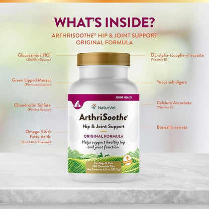 NaturVet ArthriSoothe Hip & Joint Formula Pet Supplement for Dogs & Cats  Includes Glucosamine, MSM, Chondroitin, Boswellia, Green Lipped Mussel  Supports HIPS, Joints  250 Ct.