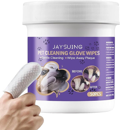 Dog Teeth Cleaning Wipes, Dental Finger Wipes for Cats & Dogs, No-Rinse Dog Finger Toothbrush, Removes Plaque & Tartar, Freshens Breath, Gentle Gum Care, Disposable Pet Oral Wipes, 50 Count