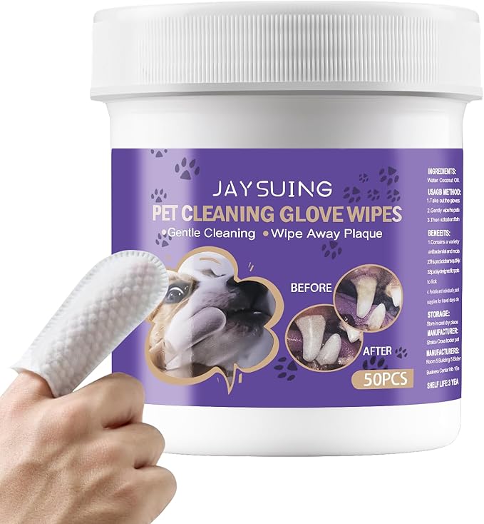 Dog Teeth Cleaning Wipes, Dental Finger Wipes for Cats & Dogs, No-Rinse Dog Finger Toothbrush, Removes Plaque & Tartar, Freshens Breath, Gentle Gum Care, Disposable Pet Oral Wipes, 50 Count