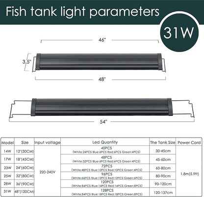 AQQA Aquarium Light,Full Spectrum LED Fish Tank Lights,12"-54" Adjustable Multi-Color White Blue Red Green LEDs with Extendable Brackets,14W-31W for Freshwater Plants (31W (48"-54"))
