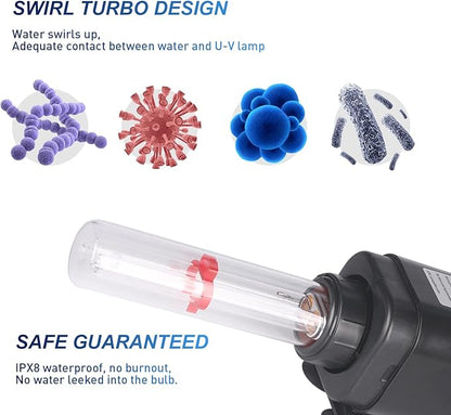 Aquarium U-V Filter for 40-75 Gal, 211 GPH Swirl Turbo Design Submersible Internal Turtle Fish Tank Filter w/Timer, Quiet Power Pump Air Supply Green Clean Machine Saltwater Freshwater Green Killing
