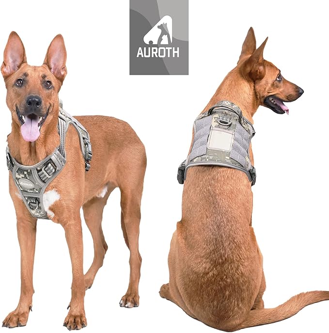Auroth Tactical Dog Harness for Small Medium Large Dogs No Pull Adjustable Pet Harness Reflective K9 Working Training Easy Control Pet Vest Military Service Dog Harnesses XL Grey Camo
