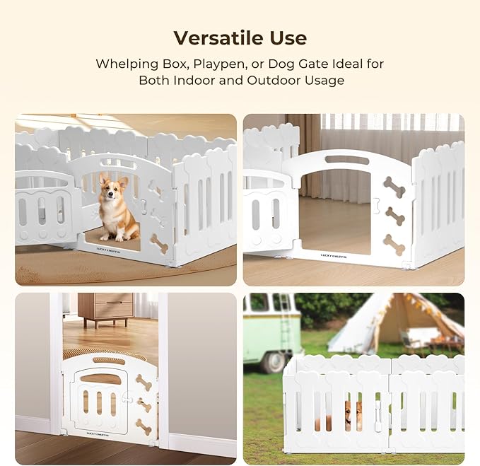 Dog Playpen with Door & Whelping Box, 8-Panel Lightweight Plastic Fence for Small to Medium Pets, Indoor/Outdoor Use, Portable, Durable (White 8-Panels, Regular, 8 Panels with Door)