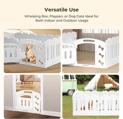 Dog Playpen with Door & Whelping Box, 8-Panel Lightweight Plastic Fence for Small to Medium Pets, Indoor/Outdoor Use, Portable, Durable (White 8-Panels, Regular, 8 Panels with Door)