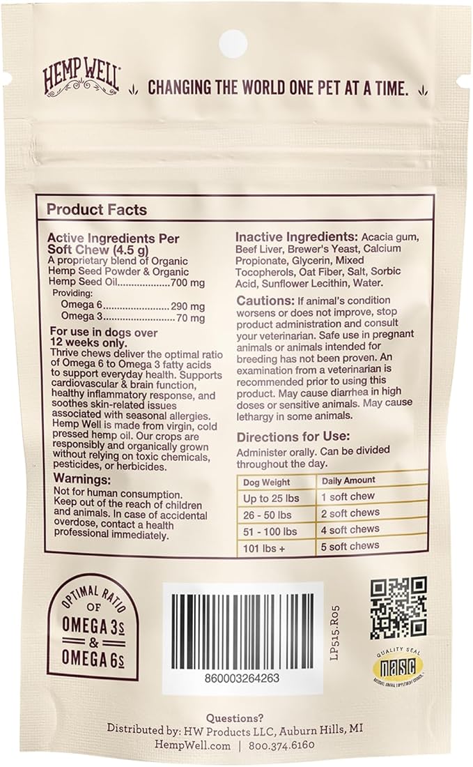 Hemp Well Thrive Chews for Dogs  Support Hip, Joint, and Heart Health, Promotes Immune and Skin Health, Organic.  8 Count