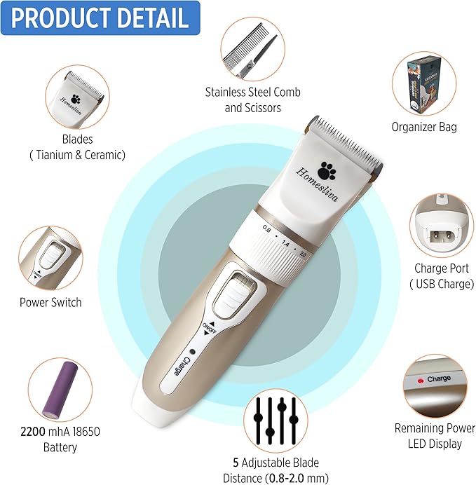 Dog Grooming Shaver Kit Clippers Low Noise Rechargeable Cordless Electric Quiet Hair Clippers Set for Dogs Cats Pets (White)