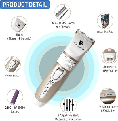 Dog Grooming Shaver Kit Clippers Low Noise Rechargeable Cordless Electric Quiet Hair Clippers Set for Dogs Cats Pets (White)