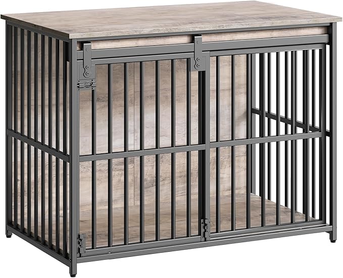 HOOBRO Dog Crate Furniture, 36.6" Heavy Duty Dog Kennel with Sliding Barn Door, Decorative Dog Crate Indoor, End Side Table for Small/Medium Dog, Greige and Black BG162GW03G1