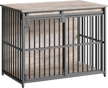 HOOBRO Dog Crate Furniture, 36.6" Heavy Duty Dog Kennel with Sliding Barn Door, Decorative Dog Crate Indoor, End Side Table for Small/Medium Dog, Greige and Black BG162GW03G1