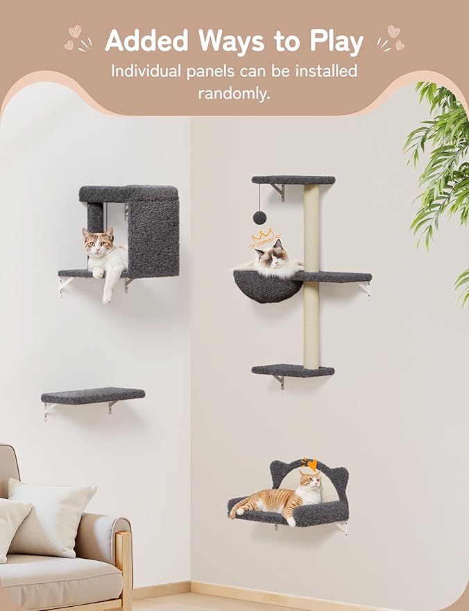 Cat Wall Shelves 5-in-1 Modern Climbing Wall Furniture Set for Cats with Scratching Posts, Cat Bed & Sofa, Space-Saving Perch for 16" Drywall, Gray