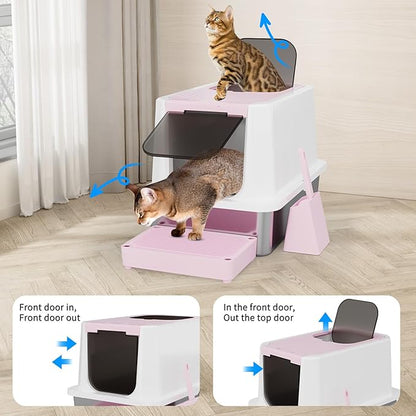 RIZZARI Enclosed Cat Litter Box: Pink Stainless Steel Odorless Cat Box - Top-Entry Design - Large Capacity High-Sided Leak Proof Litter Pan for Cats - Easy Clean Pet Toilet - for Living Room Bedroom