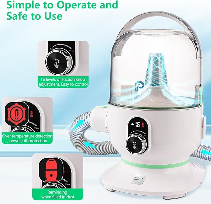 IDEALHOUSE Dog Hair Vacuum and Grooming Kit, 2L Dust Cup with 5 Grooming Tools, High Suction Power for Shedding Pet Hair, Low Noise for Stress-Free Grooming, Home Cleaning, White and Green