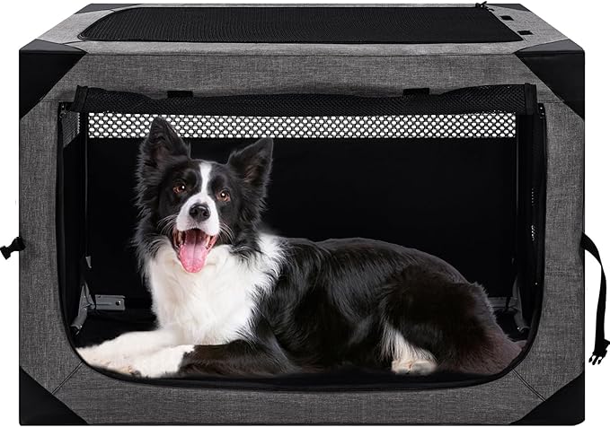 36X25X25 Inch Dog Crate, Large Dog Crate for Large or Medium Dogs, Portable and Foldable Design of Dog Cage, Perfect for Travel or Home Use, Dog Kennel with 3-Door and Durable Mesh Windows, Grey