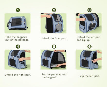 Pecute Cat Backpack with Breathable Mesh, Dog Backpack Carrier with Multi-Pockets for Cats Puppies, Pet Backpack Carrier for Travel Hiking Camping Outdoor Blue