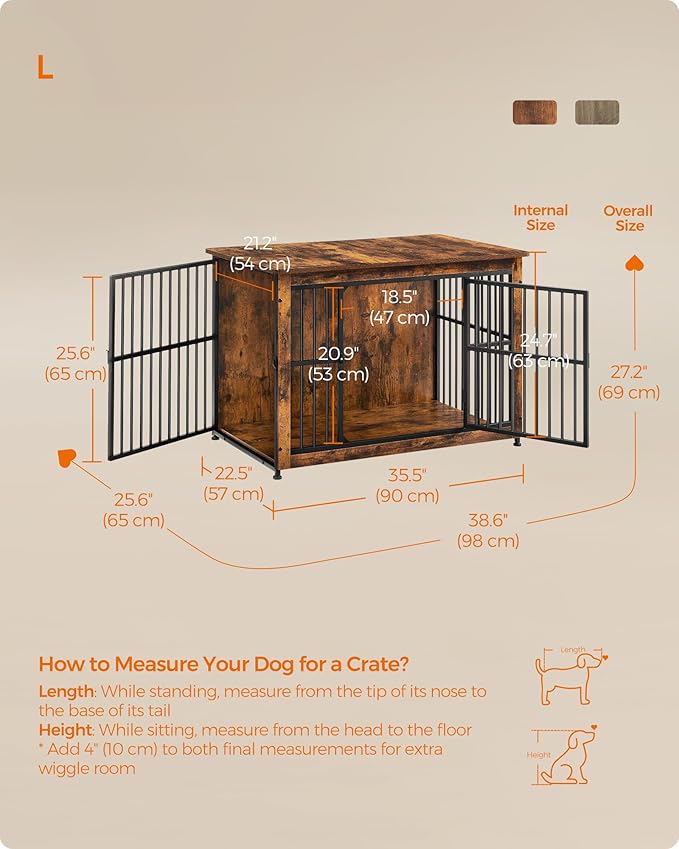 Feandrea Dog Crate Furniture, 38.6" Side End Table, Modern Kennel for Dogs Indoor up to 70 lb, Heavy-Duty Dog Cage with Enclosed Base, Double-Door Dog House, Rustic Brown UPFC023X01