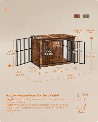 Feandrea Dog Crate Furniture, 38.6" Side End Table, Modern Kennel for Dogs Indoor up to 70 lb, Heavy-Duty Dog Cage with Enclosed Base, Double-Door Dog House, Rustic Brown UPFC023X01