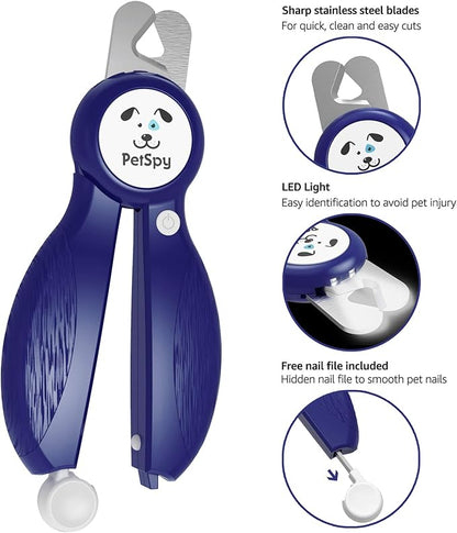 Newest Dog Nail Clippers with LED Guide Light, Professional Claw Care Pet Nail Clipper & Trimmer with Nail File, Razor Sharp Blades, Home Grooming Tool Kit for Animals (Dark Blue)