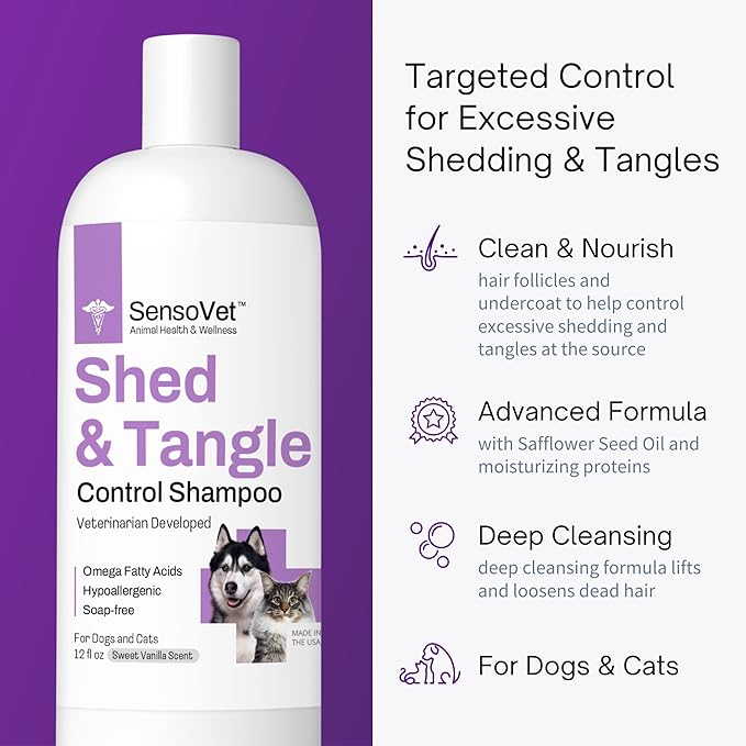 Shed & Tangle Control Shampoo for Dogs & Cats, Reduce Shedding and Detangles Matted Fur, Soap-Free Formula