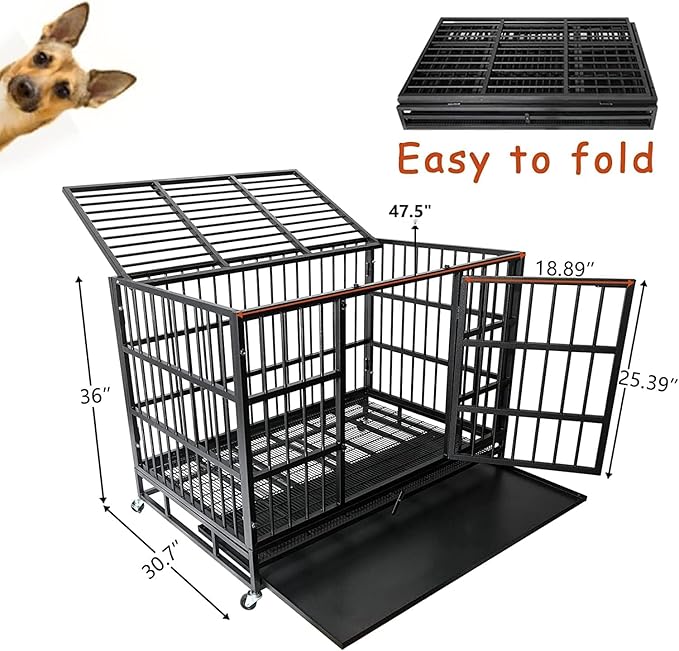 48/38 Inch Heavy Duty Dog Crate Cage Kennel with Wheels, High Anxiety Indestructible, Sturdy Locks Design, Double Door and Removable Tray, Extra Large XL XXL