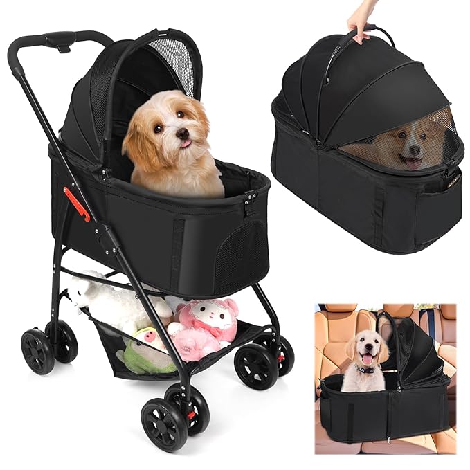 Dog Stroller, 3 in 1 Folding Cat Stroller, 4 Wheels Pet Stroller for Medium/Small Dogs, Puppy Stroller with Detachable Carrier&Storage Basket, Dog Strollers with Sun Shade&Breathable Visible Mesh