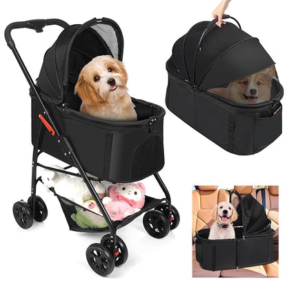Dog Stroller, 3 in 1 Folding Cat Stroller, 4 Wheels Pet Stroller for Medium/Small Dogs, Puppy Stroller with Detachable Carrier&Storage Basket, Dog Strollers with Sun Shade&Breathable Visible Mesh
