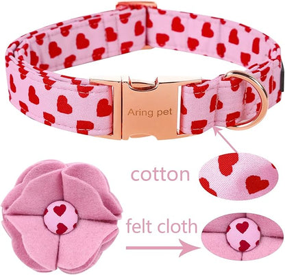 ARING PET Valentine's Day Dog Collar-Girl Dog Collar with Felt Flower, Cute Pink Heart Dog Collars Pet Collars with Metal Buckle
