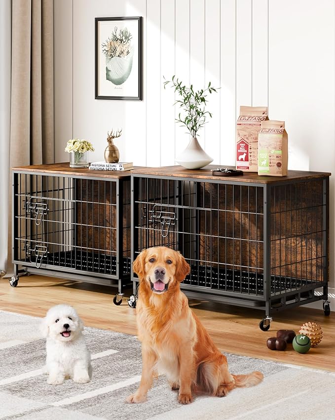 Dog Crate Furniture, 32.5" Double-Doors Dog Kennel Indoor with Removable Tray and Wheels, Wooden Dog Crates for Medium Dogs, Dog Kennel Furniture, Decorative Dog Cage End Table, Rustic Brown