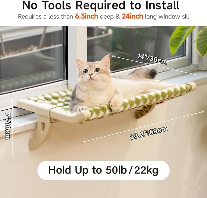 MEWOOFUN Window Sill Perch for Indoor Cats, One-Step Sliding Clamping Slot Adjustment Window Hammock With Removable Covers, Cat Bed for Windowsill & Bedside (Green, Large)