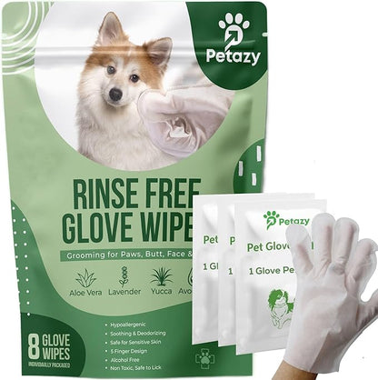 8 Dog Glove Wipes for Paws and Butt Ears Eyes Face Fur | No Rinse Lavender Scented Dog Grooming Glove | Large Size Natural Gentle Pet Cleaning Deodorizing Gloves for Daily Care Travel and Bath