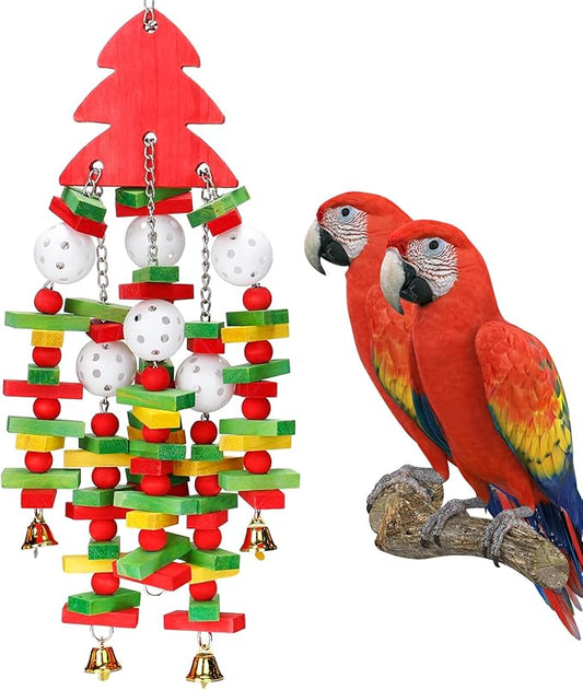 MEWTOGO Christmas Large Bird Toy - Natural Wooden Parrot Chewing Toy With Colorful Edible Blocks for Macaw African Grey Amazon Parrots, Xmas Gifts Bird Playing (Red)