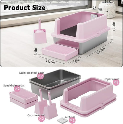RIZZARI Stainless Steel Litter Box: Pink Leakproof Open Top Tray - Large Size Odor Control for Cats Under 20 lbs - with Deodorizer - 2 Pack - for Laundry Room Restroom