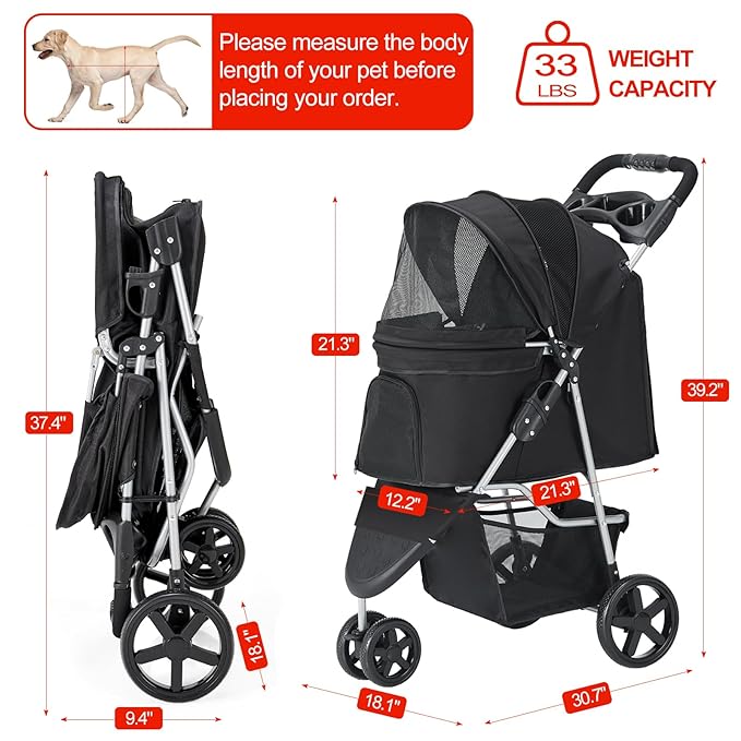 Pet Stroller, Cat Dog Stroller with Storage Basket Foldable Lightweight Dog Carrier Trolley Jogging Stroller, 3 Wheel, Balck