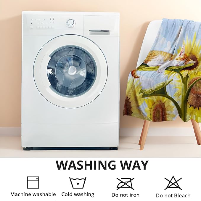 Sunflower Slumber Cat Throw Blanket - Ultra Soft, Cozy, Lightweight Flannel - Warm, Plush, Fuzzy Decor for Couch, Office, Travel - Fluffy, Cute Cat and Flower Design 40×50 Inch