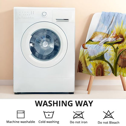 Sunflower Slumber Cat Throw Blanket - Ultra Soft, Cozy, Lightweight Flannel - Warm, Plush, Fuzzy Decor for Couch, Office, Travel - Fluffy, Cute Cat and Flower Design 40×50 Inch