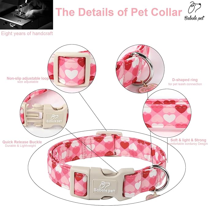 Valentine's Day Dog Collar - Cute Pink Valentines Dog Collar Girl Boy Durable Adjustable Love Heart Pattern Charm Dog Collars for Small Medium Large Dogs XL