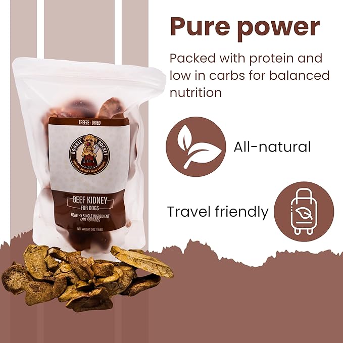 Freeze Dried Beef Kidney Dog Treats - Single Ingredient Beef Dog Treats with High Protein - Low Fat & Carb Dog Snacks for Digestive & Dental Health - 100% Beef - 5oz