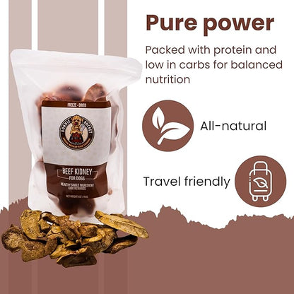Freeze Dried Beef Kidney Dog Treats - Single Ingredient Beef Dog Treats with High Protein - Low Fat & Carb Dog Snacks for Digestive & Dental Health - 100% Beef - 5oz
