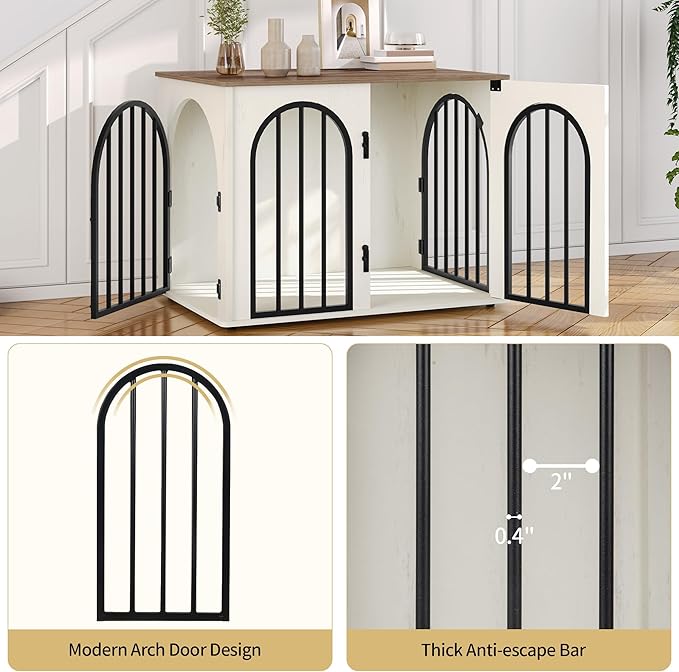 31.5'' Wooden Dog Crate Furniture TV Stand, Indoor Dog Kennel for Small/Medium Dogs, End Side Table Dog Crates, Anti-Chew, Anti-Escape, Arched Door Design, White Brown DFC85114B