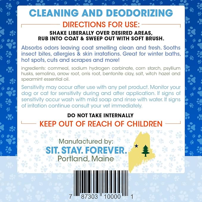 Sit. Stay. Forever. Natural, Dry Powder Shampoo for Dogs & Cats, Organic, Non-Toxic, Hypoallergenic Dog Deodorizer Powder, Anti-Itch & Odor Control, Easy No-Rinse Formula, Safe for Sensitive Skin