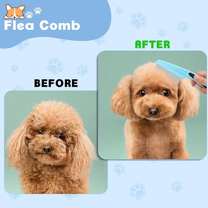 2PCS Flea Comb-Pet Knotting Comb, Tick Comb for Long Haired Pets- Remove Clumps Stainless Fine Tooth Dog Eye Comb Tear Stain Comb for Small Dogs Cat Pet Grooming Comb