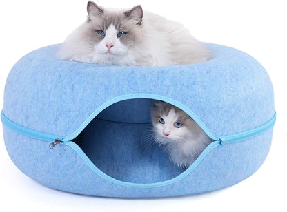 Large Cat Tunnel Bed for Indoor Cats with 3 Toys, Scratch Resistant Donut Cat Bed, Up to 30 Lbs (L 24x24x11, Blue)