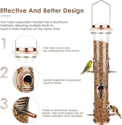 MIXXIDEA Metal Wild Bird Feeder, Squirrel Proof, Hanging 6 Port Tube Finch Feeder for Attracting Birds in Lawn, Garden, Balcony - Antique Copper